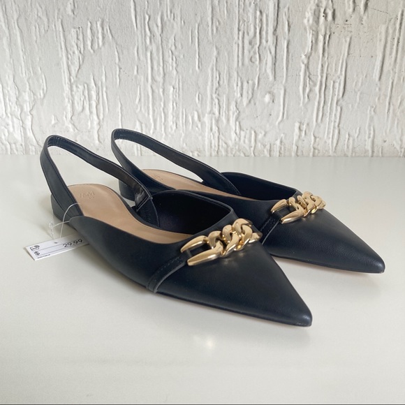 H&M Black Pointed Toe Gold Chain Detail Slingback Flats Size 8